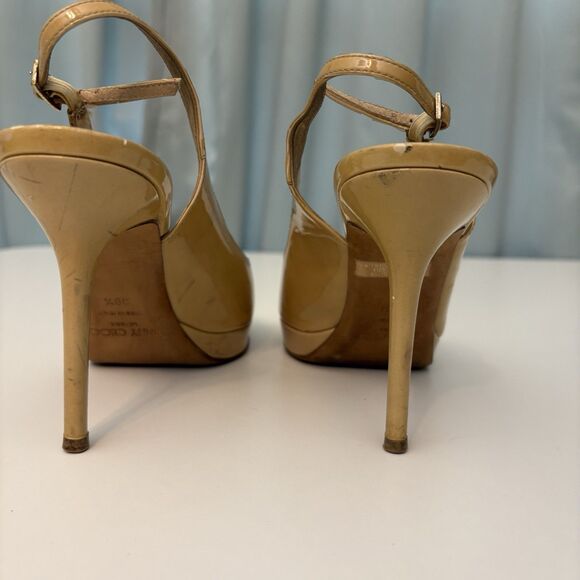 Jimmy Choo Heels Womens 39.5 Gold Glossy Leather Peep Toe‎ Stiletto Platform - Picture 4 of 11